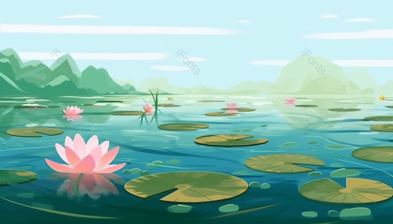 户外夏天夏至荷花盛开开花荷叶植物水面户外景色自然插画,插画/手绘图,插画/手绘图库,插画/手绘图下载,插画/手绘